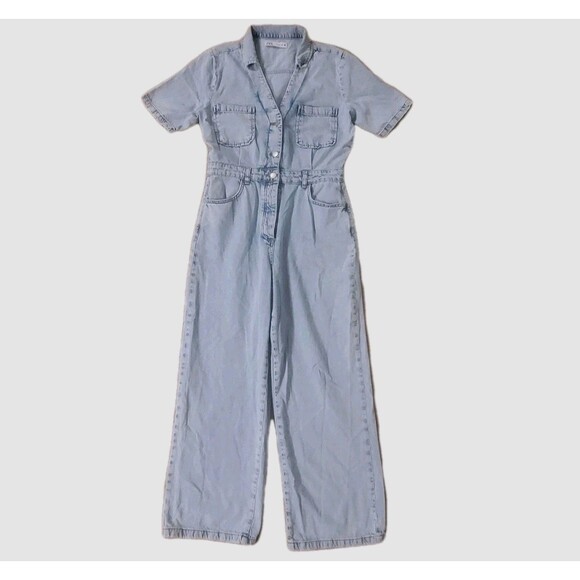 Zara Denim Coveralls Womens L Light Blue Button Up Work Utility Boho Jumpsuit - Picture 1 of 16
